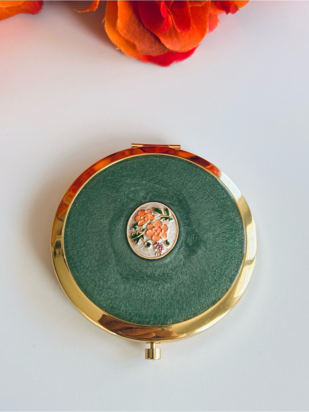Cosmetic Mirror Green Floral Accent Compact Mirror